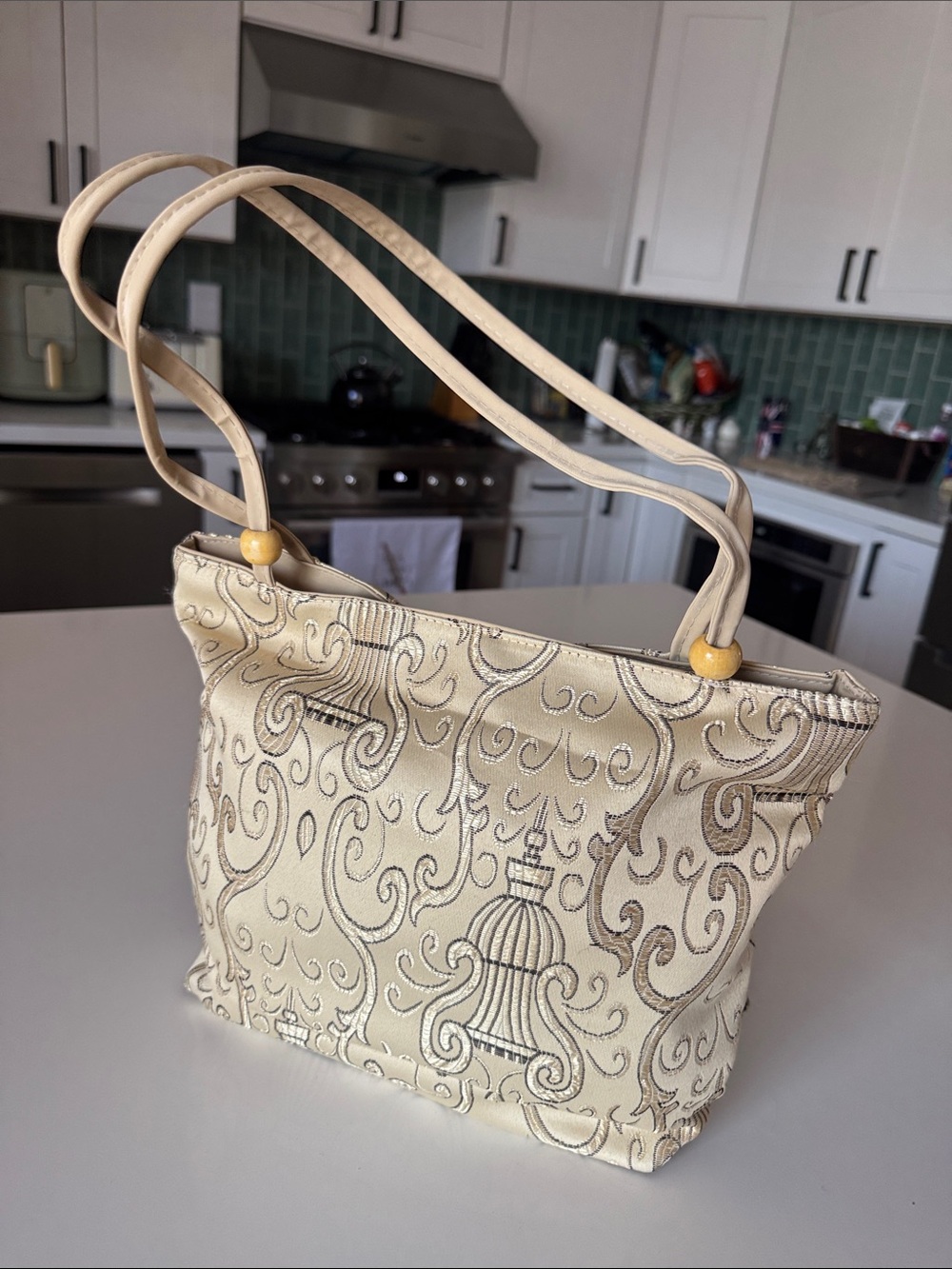 Cream Embroidered Tote Bag with Scroll Motif